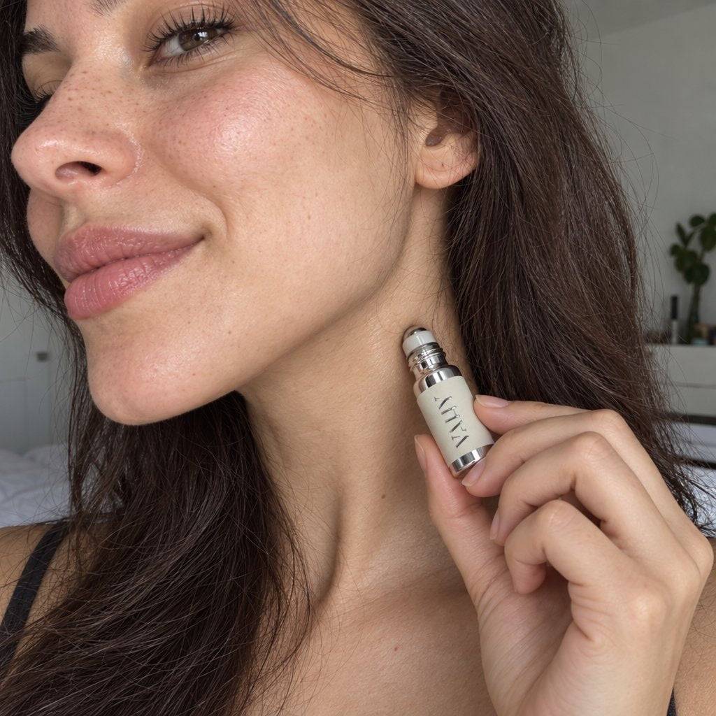 Applying R-OIL roll-on perfume oil to the neck